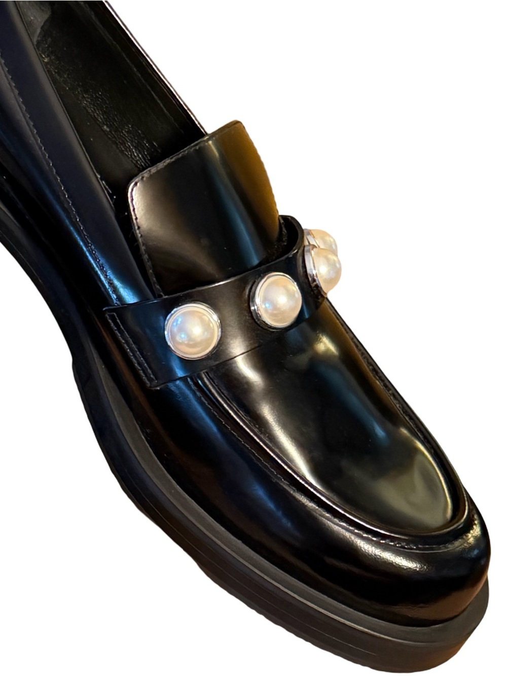 Stewart Weitzman NWT Sz 9.5 Portia Black Patent Leather Loafers Pearl Trim SH473 - Picture 5 of 11